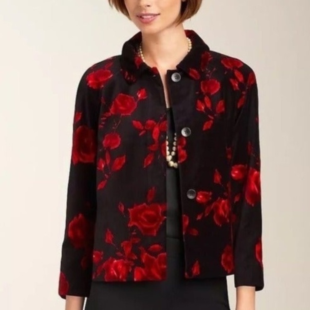 Red Black Floral Velvet Jacket by Talbots 2P